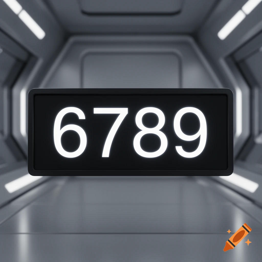 A black digital sign displaying glowing white numbers '6789' in a futuristic, metallic corridor.