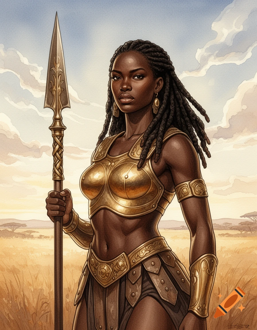 A female Nubian warrior with dark skin and dreadlocks, wearing gold armor, stands holding a bronze spear in a watercolor savanna landscape.
