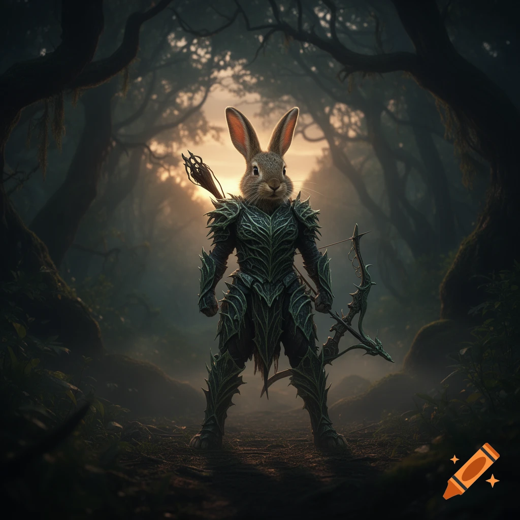 A photorealistic humanoid rabbit warrior stands in green, leaf-like armor with a bow in a dark, mystical forest with a glowing sunset.