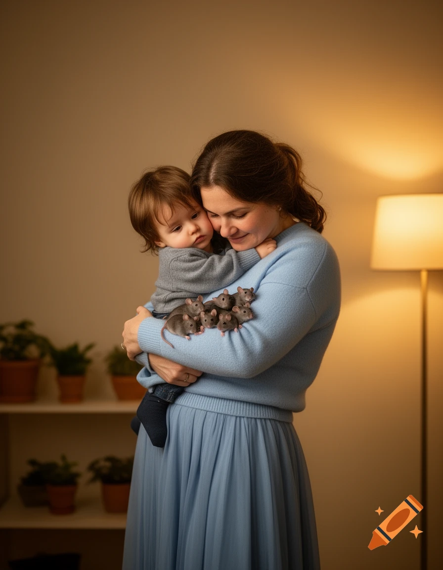 A woman in a blue sweater holds a child close, with several small pet rats resting on her arm, in a warm-lit room.