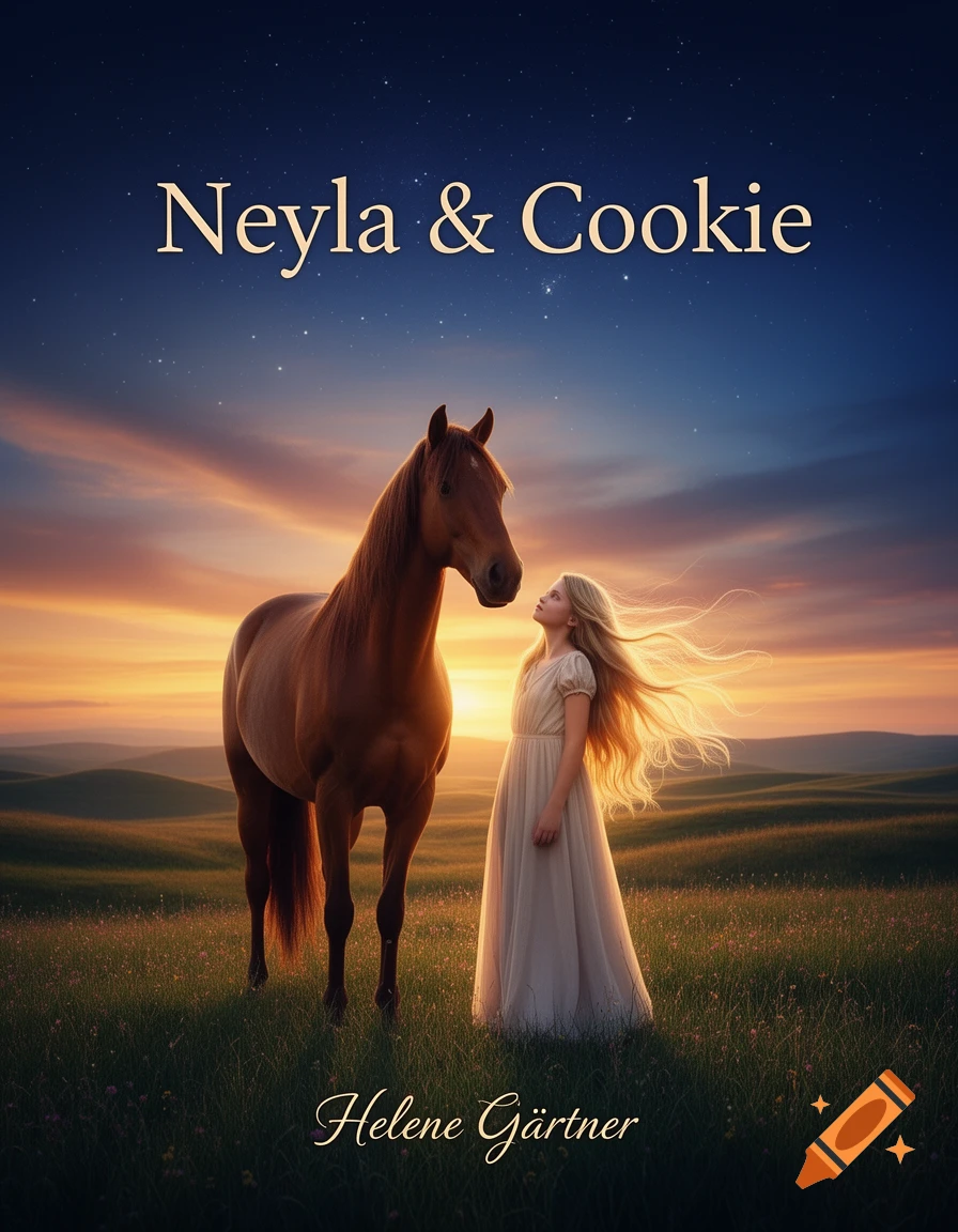 A blonde girl in a dress with a brown horse in a field at sunset under a starry sky. Text 'Neyla & Cookie' and 'Helene Gärtner'.