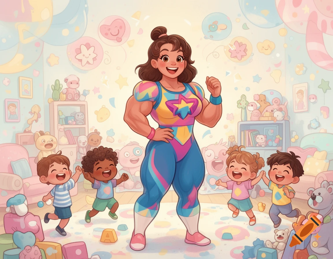 A muscular woman in a colorful, star-emblazoned leotard smiles among four happy children in a pastel playroom filled with toys.