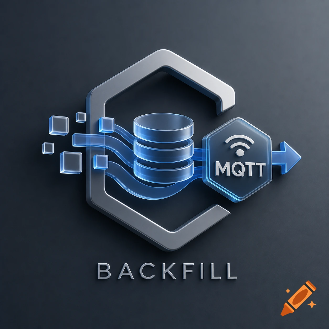 A 3D technological logo depicting data backfill via MQTT, with a database, flowing data streams, and 'BACKFILL' text.