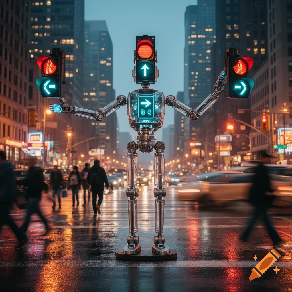 A humanoid robot made of traffic lights stands on a wet city street at night, illuminated by city lights and traffic.