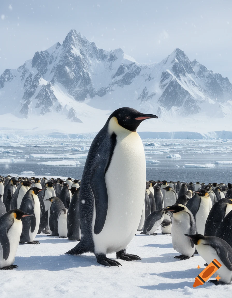 A large emperor penguin stands in a snowy Antarctic landscape amidst a colony of penguins, with icy water and snow-capped mountains.