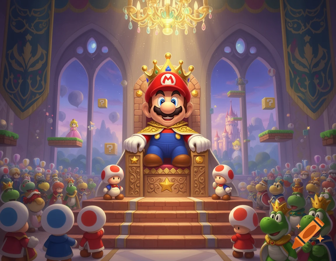 King Mario on a golden throne in a castle, surrounded by Princess Peach, Toads, and Yoshis, in a vibrant video game style.