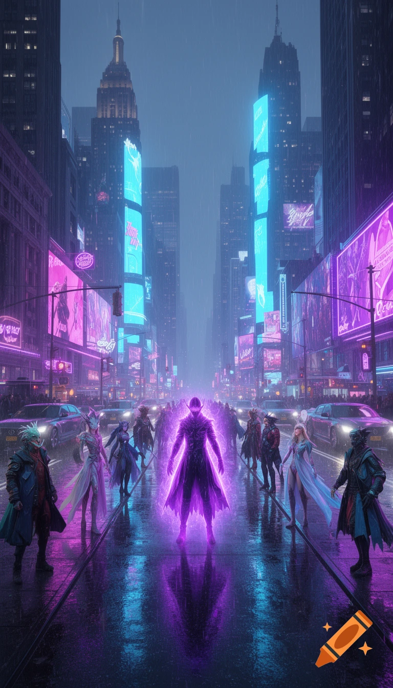 Fantasy figures, one with a purple aura, stand on a rainy, neon-lit city street at night with futuristic buildings and cars.