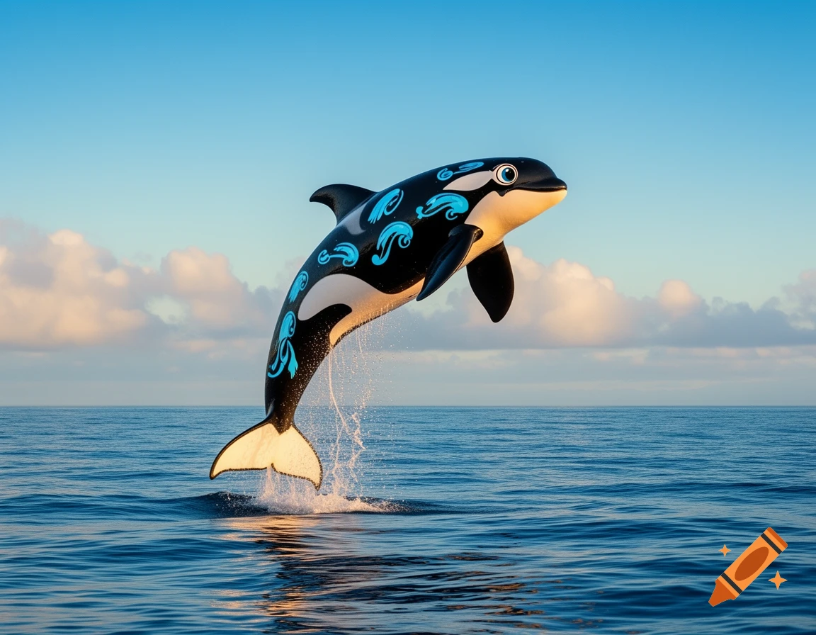 A stylized black and white orca with blue swirly patterns jumps out of the calm blue ocean under a clear blue sky with white clouds.