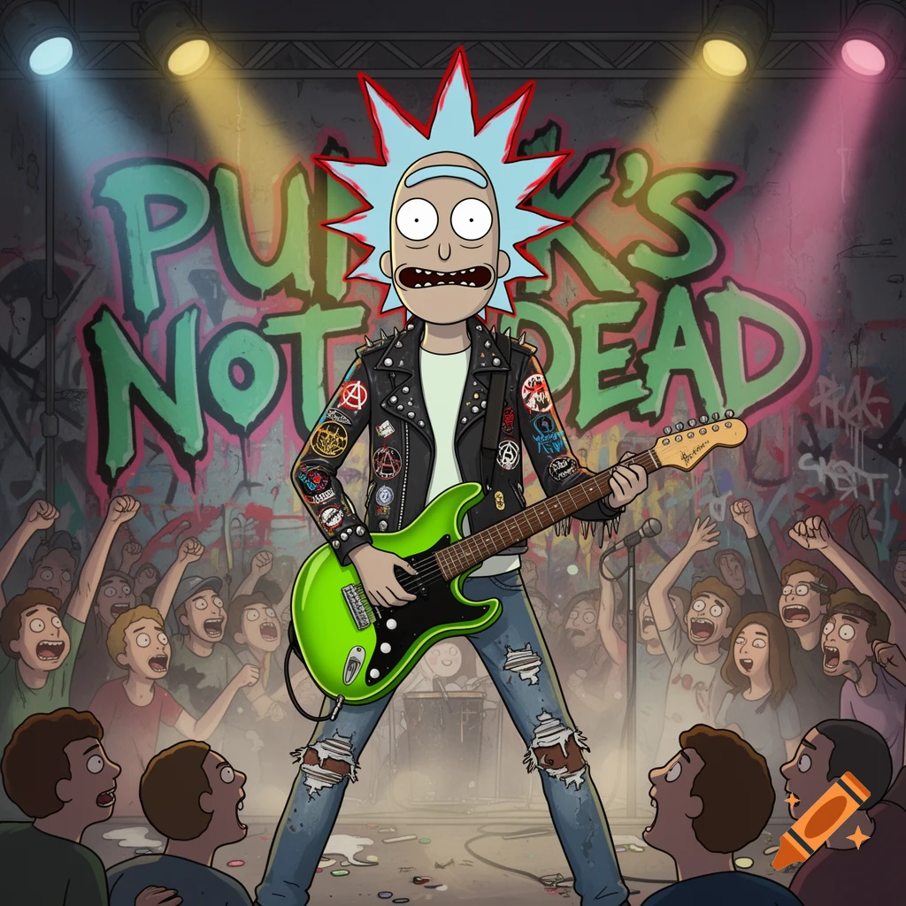 Rick Sanchez as a punk rocker plays a green electric guitar on stage with 'PUNK'S NOT DEAD' graffiti and a cheering crowd.