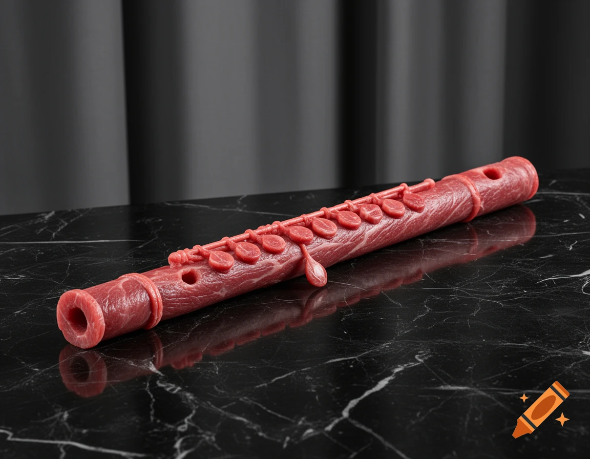 Photorealistic flute made of raw red meat, resting on a dark marble surface with a dark background.