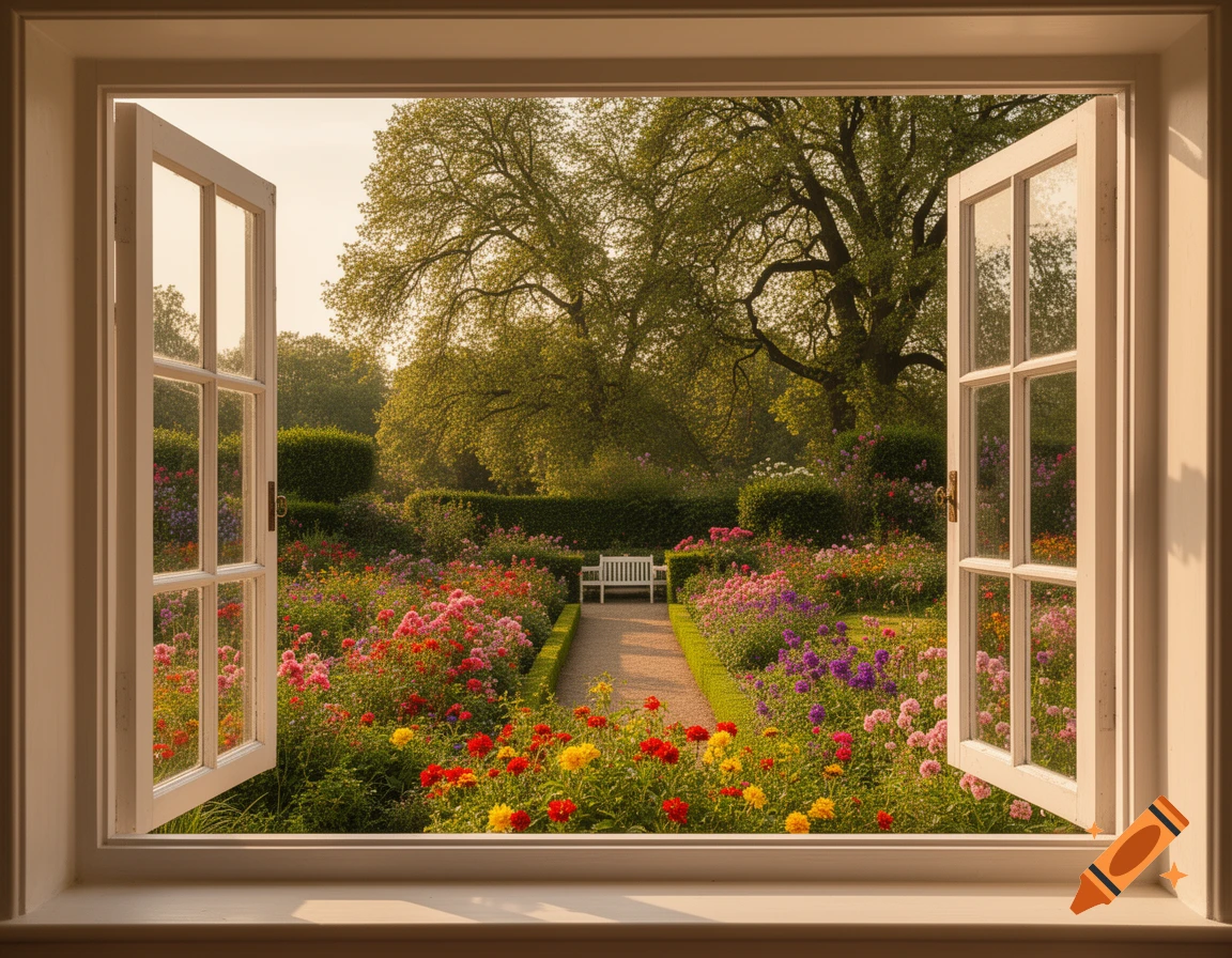 An open window frames a vibrant garden filled with colorful flowers, green bushes, and large trees under a bright sky.