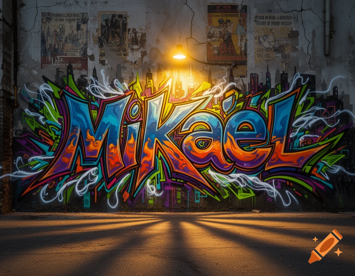 Colorful graffiti mural spelling 'Mikaël' on a grungy wall under a glowing street light with dramatic shadows.
