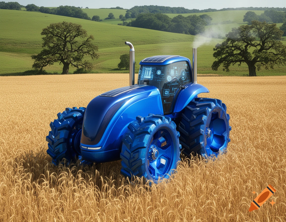 A bright blue futuristic tractor with glowing blue digital displays on its windows sits in a golden wheat field under a blue sky with green hills.