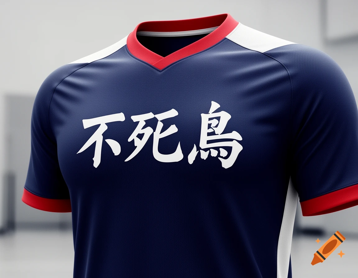 A close-up of a dark blue volleyball jersey with red and white trim, featuring white Japanese characters '",不死鳥,"' on the chest.