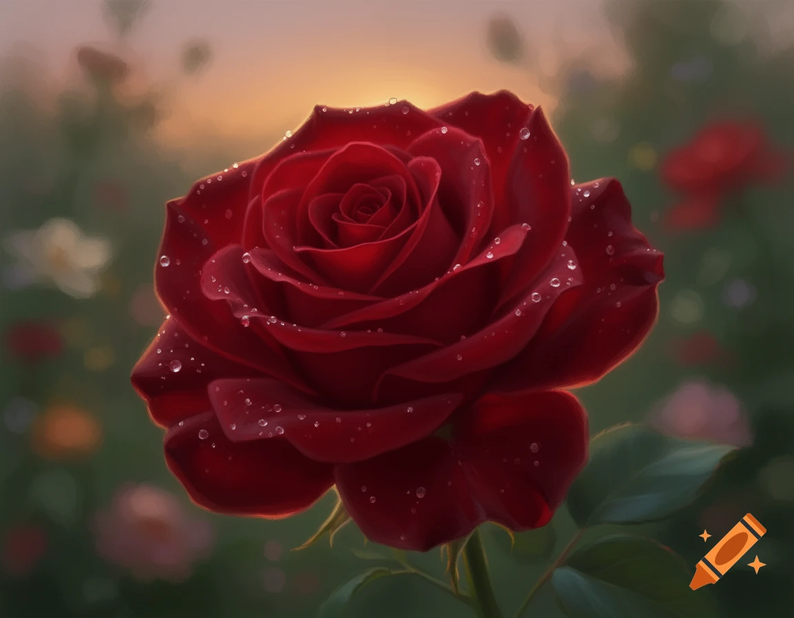 Close-up of a vibrant red rose with dew drops on its petals, set against a softly blurred, warm-toned garden background.