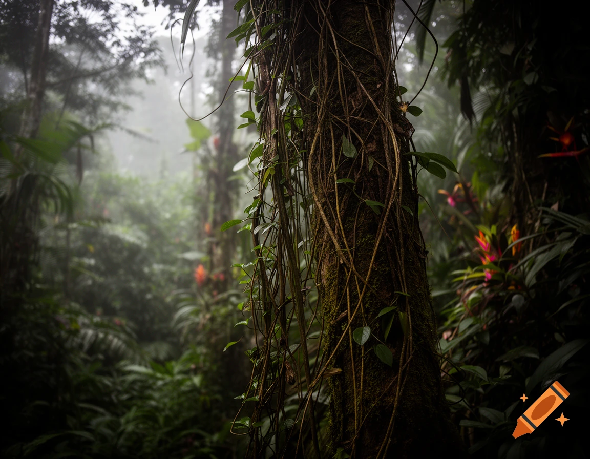 A close-up view of a tree trunk covered in vines and lush green foliage in a misty, dark jungle.