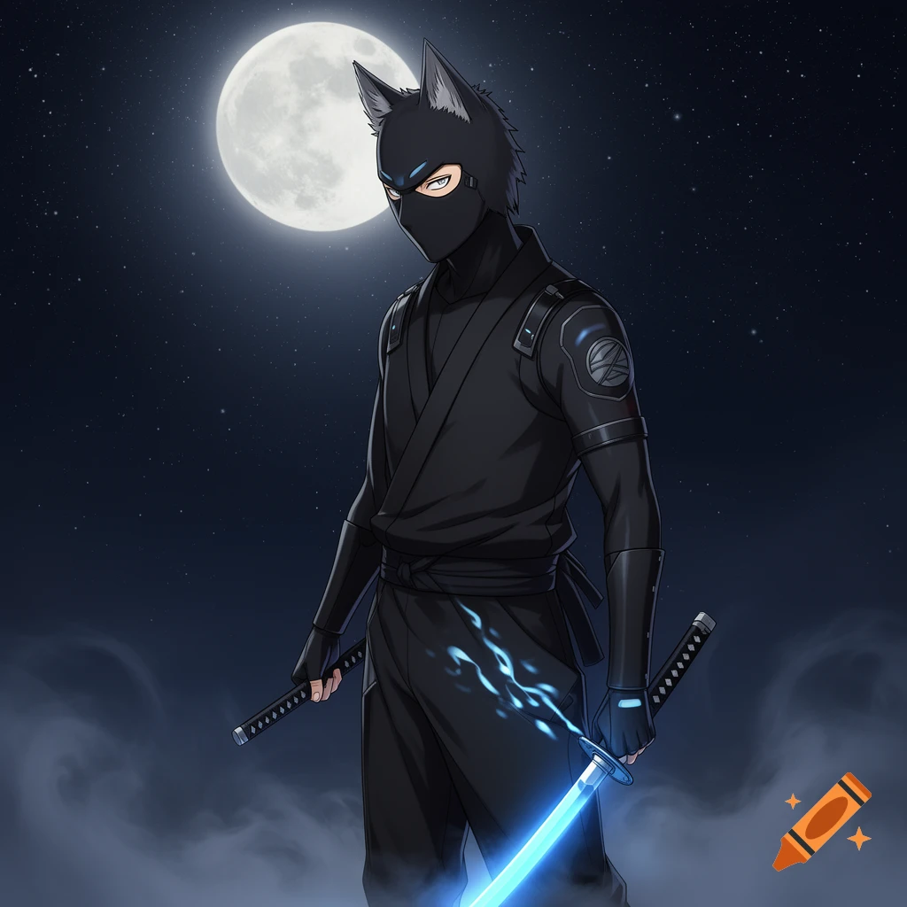 Anime ninja with wolf ears in a black suit holds two katanas, one glowing blue, under a full moon and starry night.
