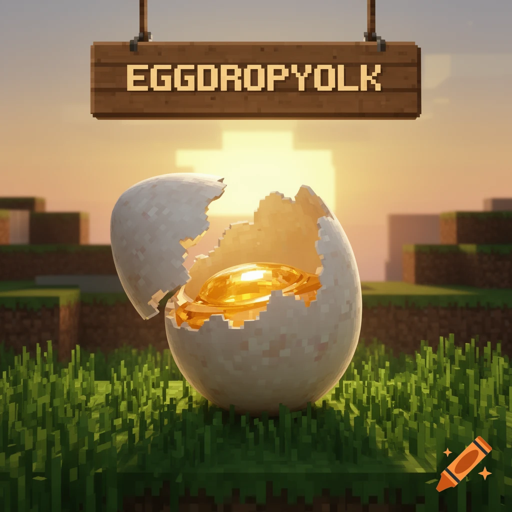 A cracked egg with a glowing golden yolk sits in blocky green grass, under a wooden sign reading 'EGGDROPYOLK' in a pixelated Minecraft landscape.