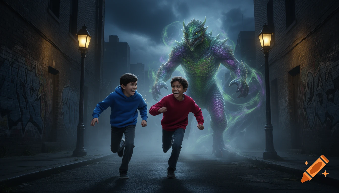 Two young boys run down a dark city alley, smiling, with a large, glowing green and purple monster looming behind them.