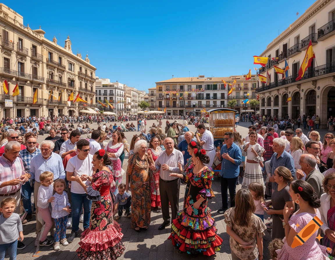 A large crowd of people, some in traditional Spanish attire, gather in a sunny town square with historic buildings.