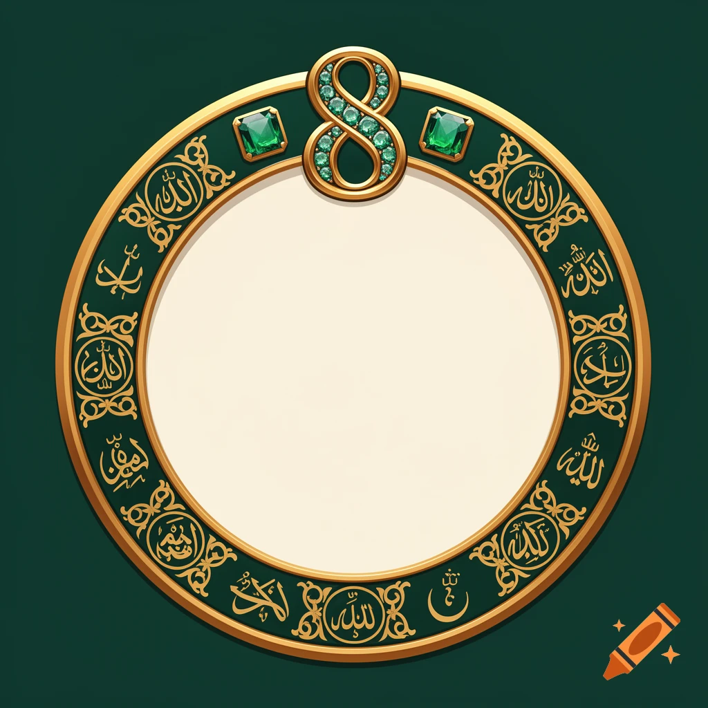 An ornate circular profile picture frame with gold and green accents, featuring a gem-studded number 8 at the top and Arabic calligraphy on the border.