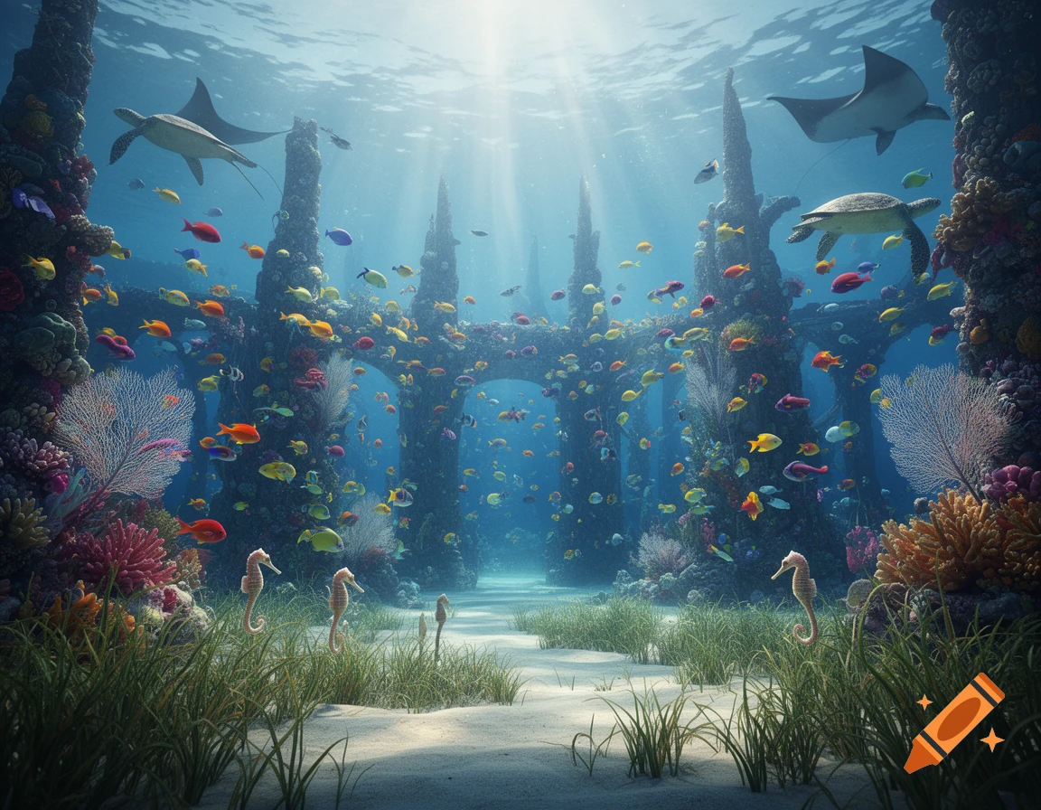 Vibrant underwater scene with colorful fish, sea turtles, manta rays, and seahorses, swimming near coral reefs and ancient sunken ruins.