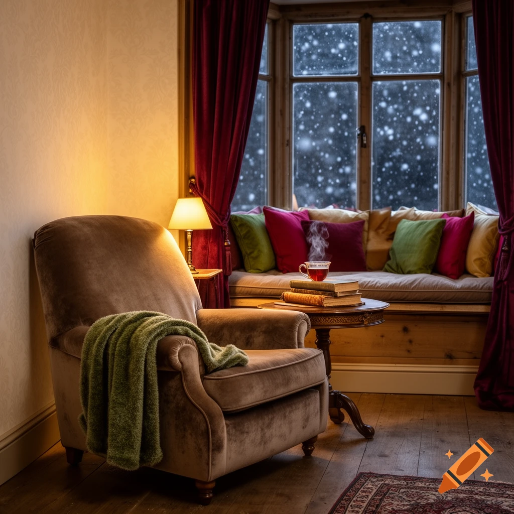 A cozy interior features a warm armchair with a green blanket and a window seat with colorful cushions, overlooking a snowy winter scene.