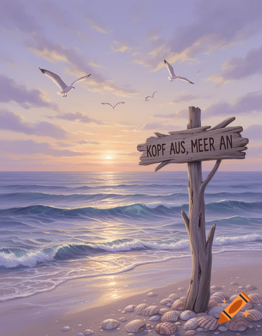 A serene painting of a beach at sunset with a wooden sign reading 'Kopf aus, Meer an,' seagulls, ocean waves, and scattered seashells.