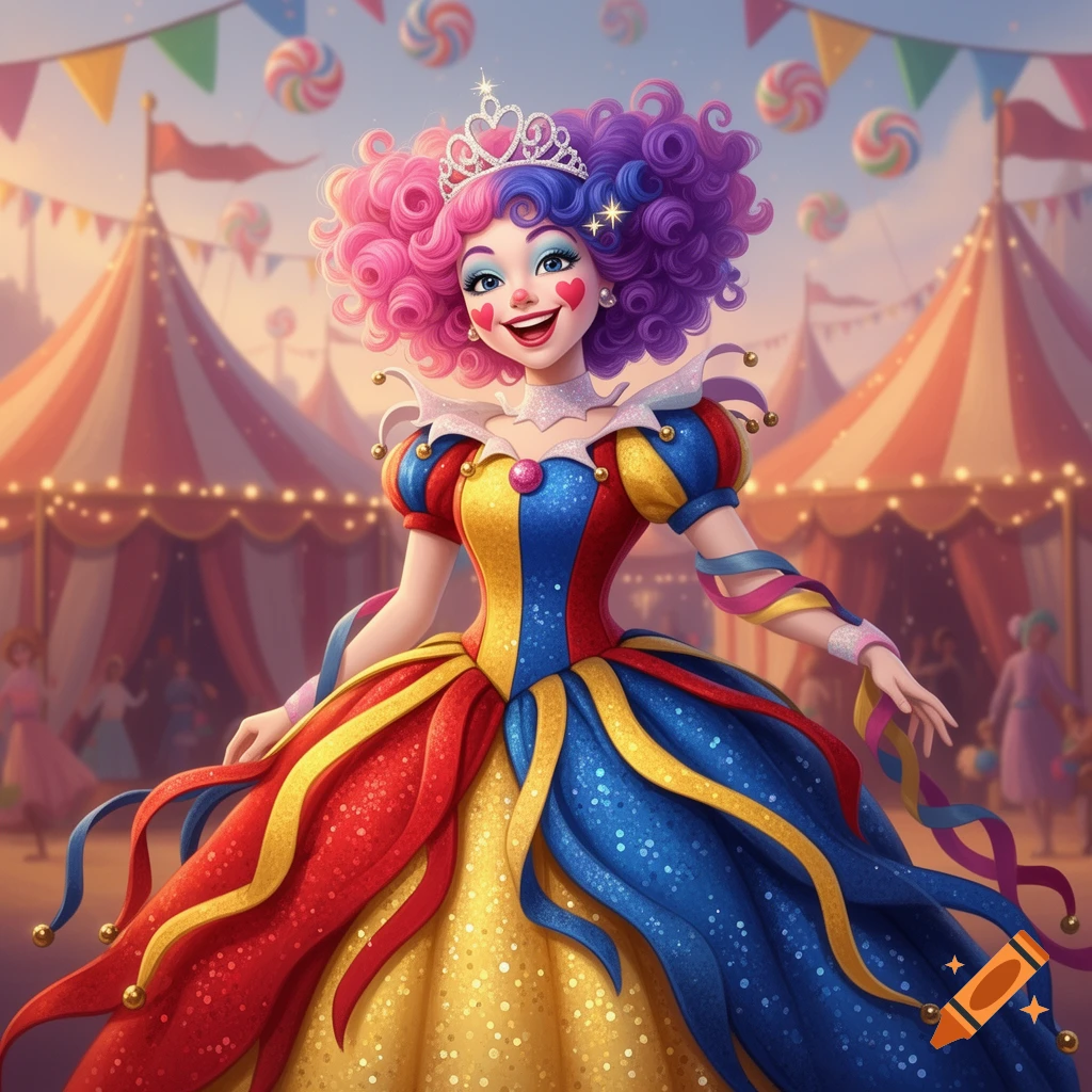 A whimsical clown princess with vibrant pink and purple curly hair, wearing a sparkling red, blue, and gold dress, smiles broadly at a festive carnival with tents and lollipops in the background.