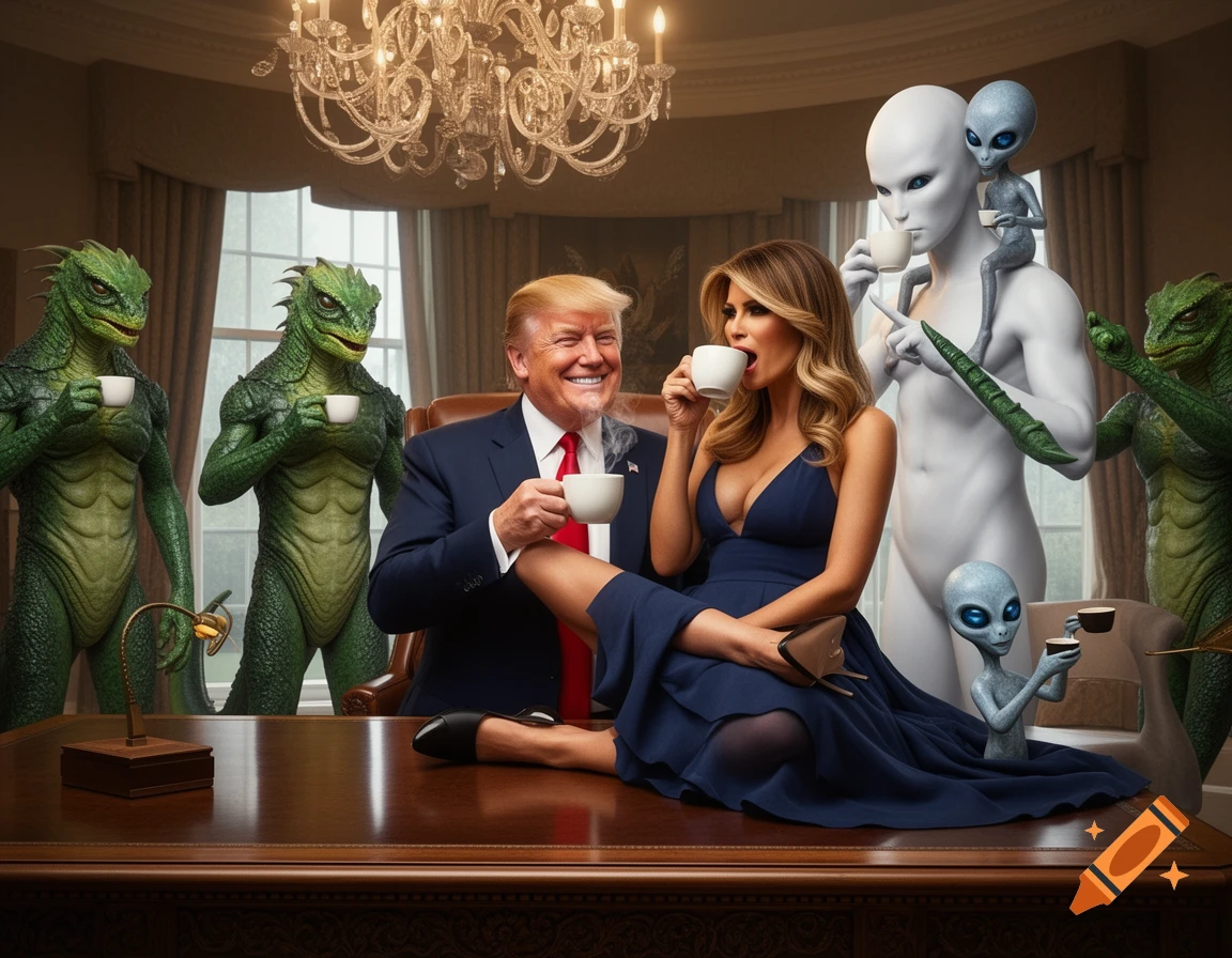A photorealistic image of Donald Trump and Melania laughing and drinking coffee with reptilian and grey aliens in a luxurious room.
