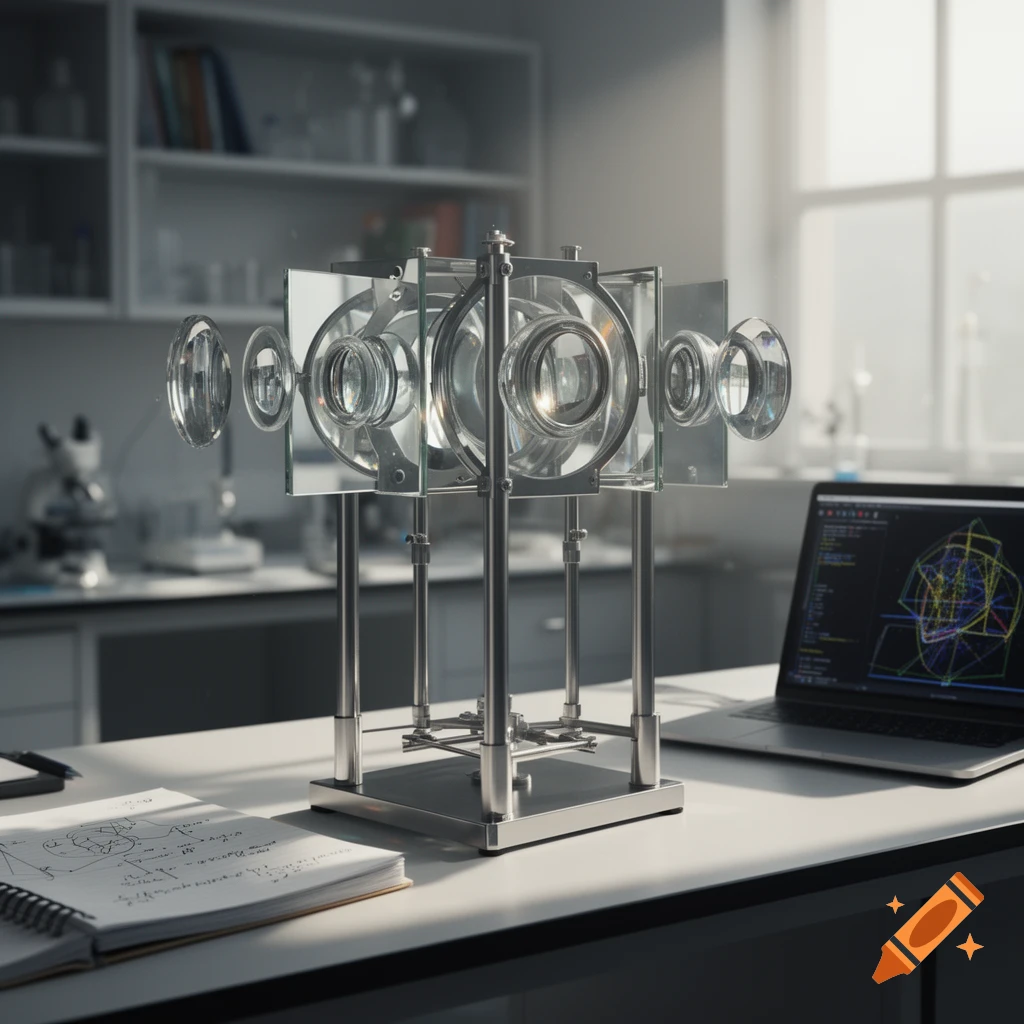 A complex scientific device made of mirrors and lenses stands on a lab bench next to a notebook with formulas and a laptop displaying geometric designs, in a photorealistic style.