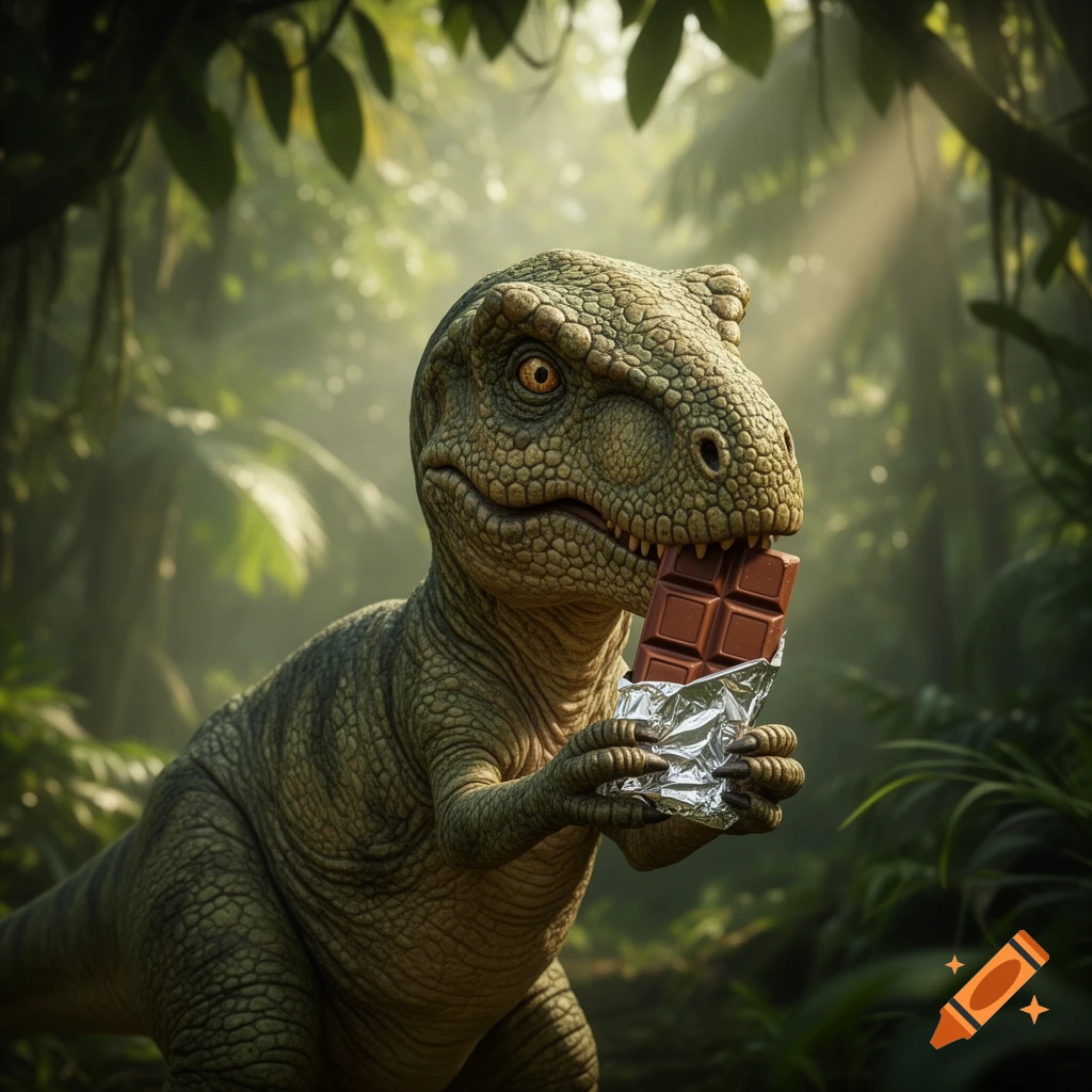 A photorealistic baby T. rex with textured green skin eats a chocolate bar wrapped in foil in a lush jungle.