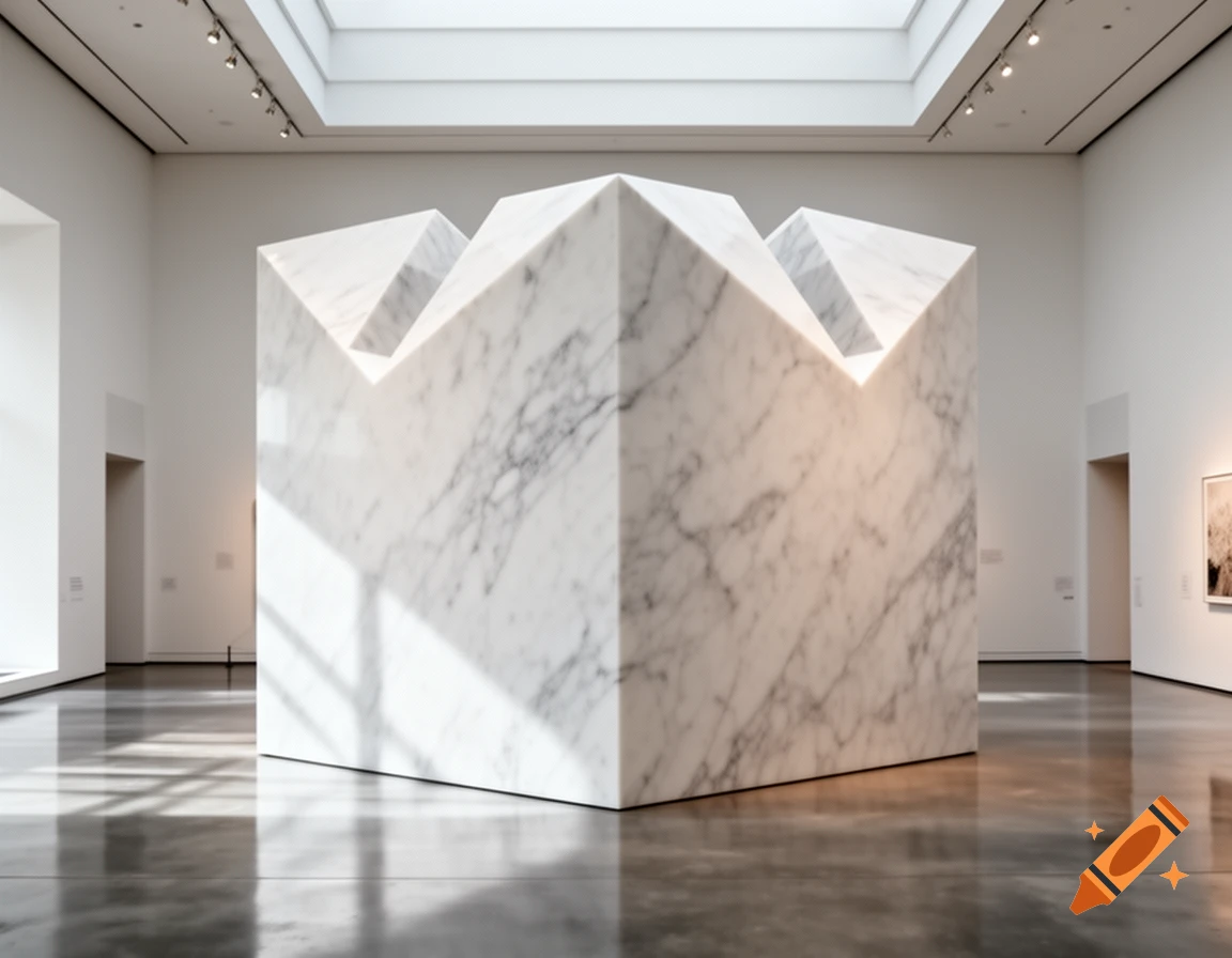 A large, minimalist white marble cube sculpture with three top corners sliced off, in a spacious, modern art museum with polished floors and white walls.
