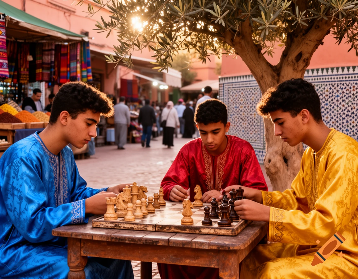 Three Moroccan youths in traditional attire play chess at a wooden table in a bustling sunlit outdoor market, photorealistic style.
