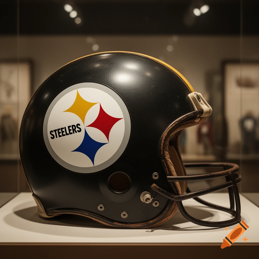 Close-up of a vintage black Pittsburgh Steelers football helmet with its classic logo, displayed in a well-lit setting.