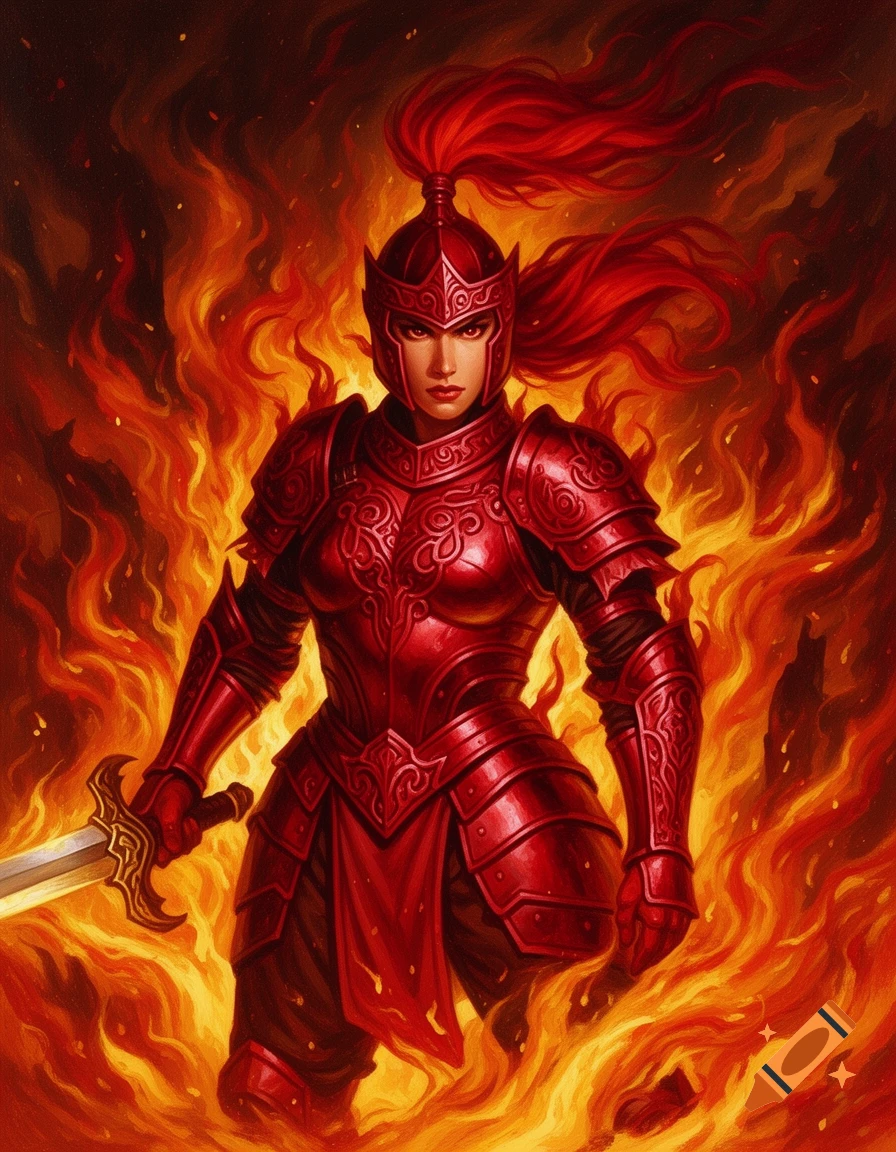 A female warrior in ornate red armor holds a sword, surrounded by vibrant flames, in a digital painting.