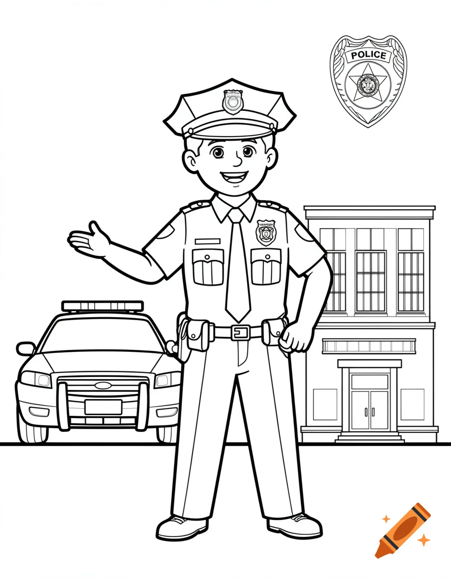 A black and white cartoon coloring page of a smiling police officer in uniform standing in front of a police car and station, with a police badge at the top right.
