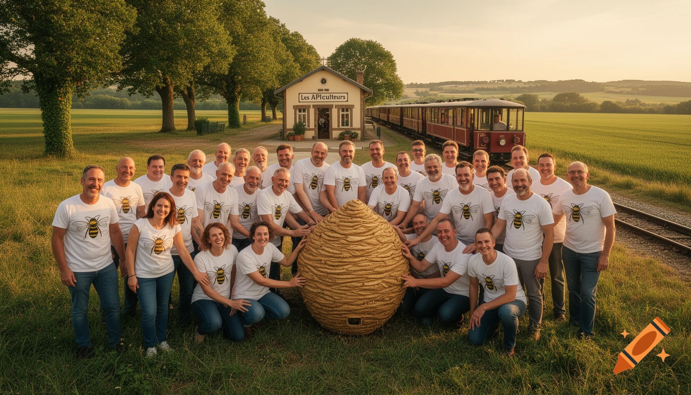 A group of smiling beekeepers in white bee t-shirts surround a giant beehive in a rural landscape with a train station.
