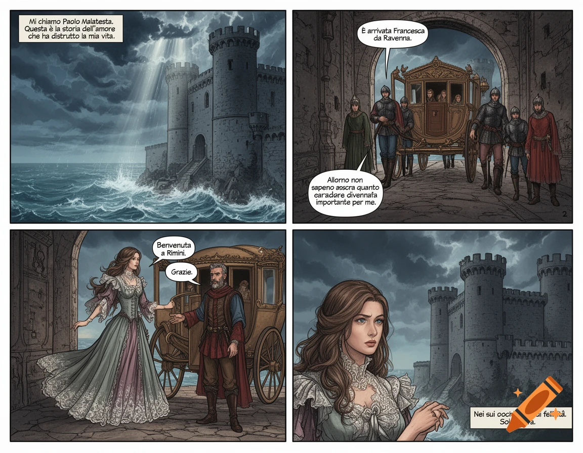A four-panel comic page in a detailed, muted style. It depicts a castle by a stormy sea and characters in period attire, including a woman arriving by carriage and a man greeting her.
