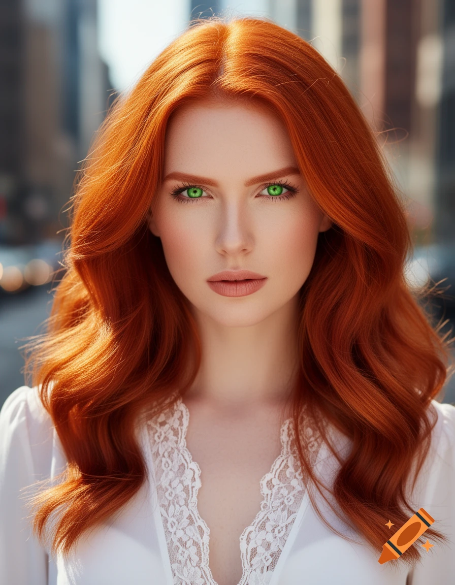 Photorealistic portrait of a woman with long wavy red hair, striking green eyes, and a white lace top, against a blurred cityscape.