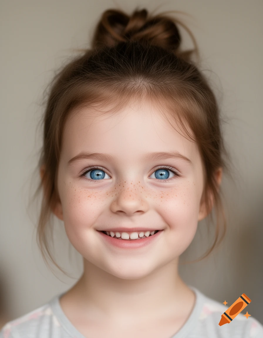 A photorealistic portrait of a smiling young girl with chestnut brown hair in a messy bun, baby blue eyes, and freckles.