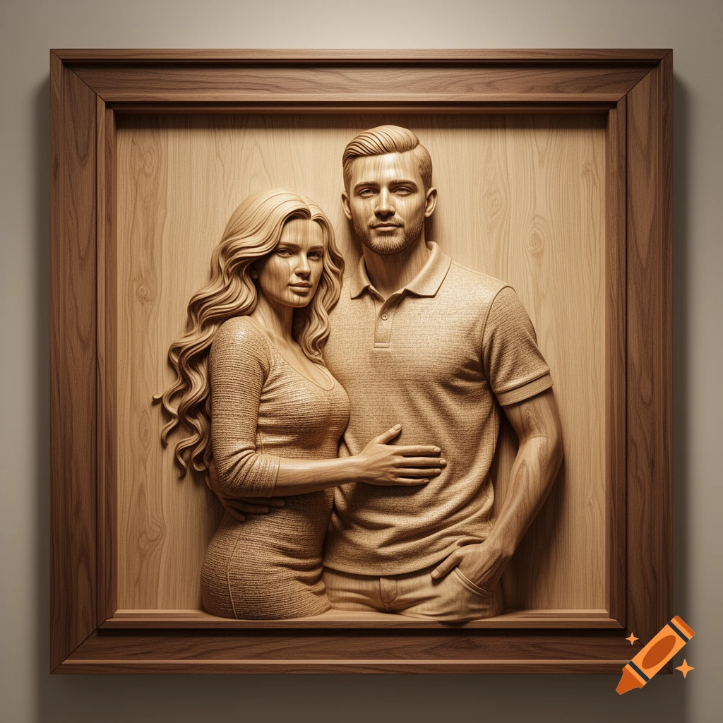 A detailed wooden bas-relief of a man and a woman in a frame, carved to resemble wood with visible grain.