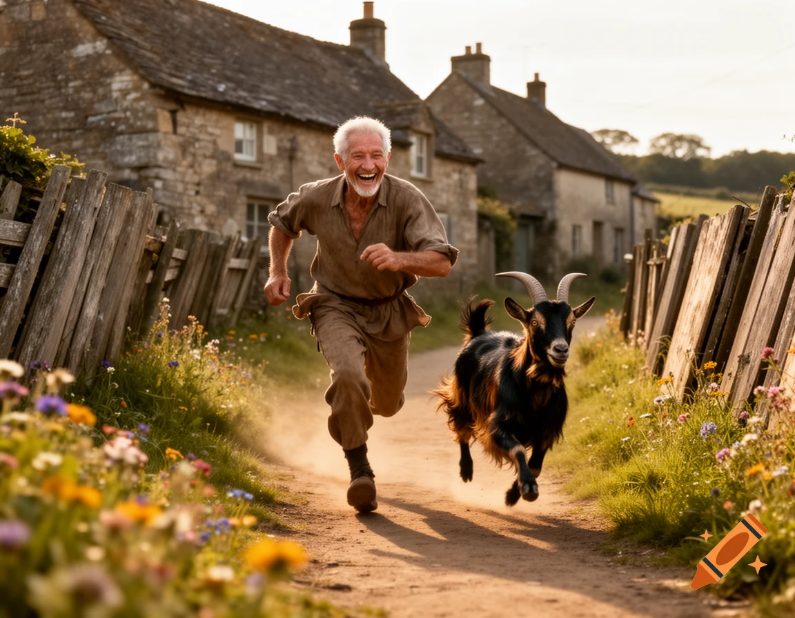 A laughing old man runs down a dusty path, with a black goat leaping beside him, set in a sunlit rustic village.