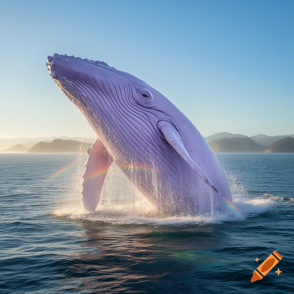 A vibrant purple whale breaches from the ocean, splashing water with a faint rainbow, under a clear sky with distant mountains.