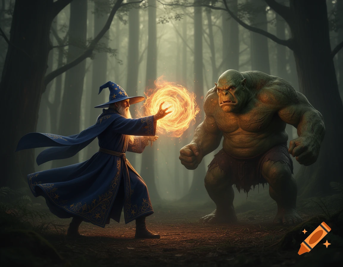 A wizard in a blue robe casts a glowing fireball at a muscular green ogre in a misty forest.