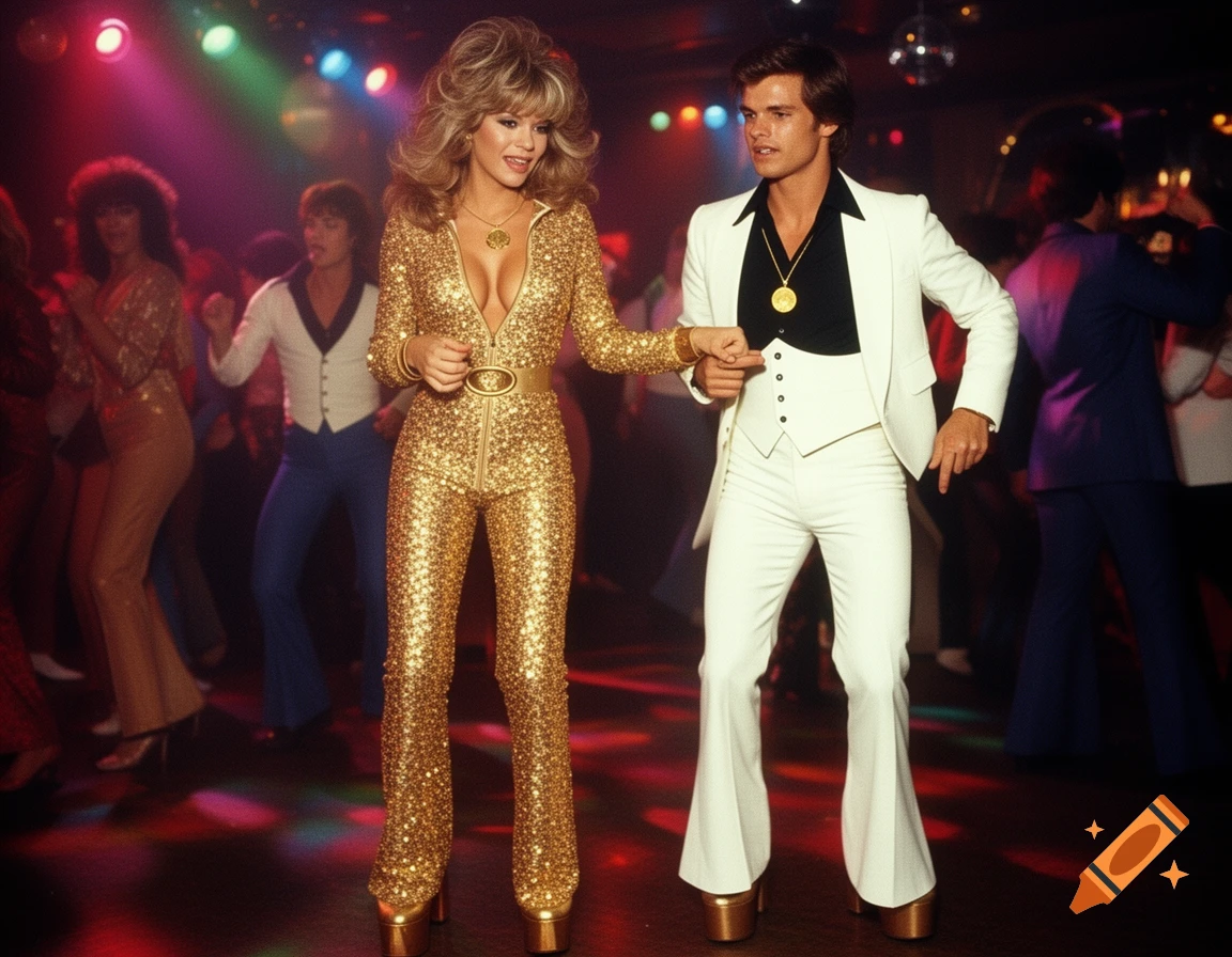A couple dances in a 70s disco club. The woman wears a gold sequin jumpsuit, and the man wears a white leisure suit.