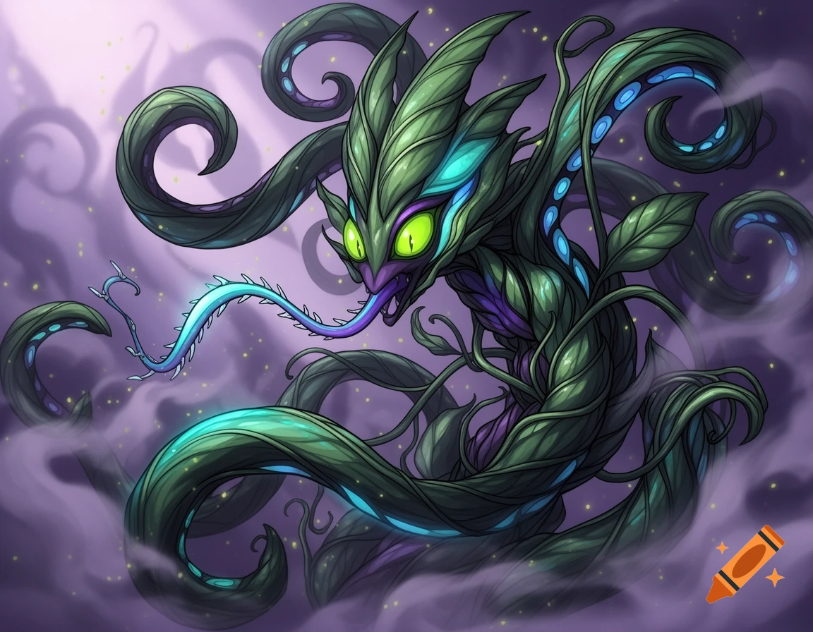Anime style plant creature with green tentacles, glowing blue accents, large green eyes, and a long purple tongue amidst purple mist.