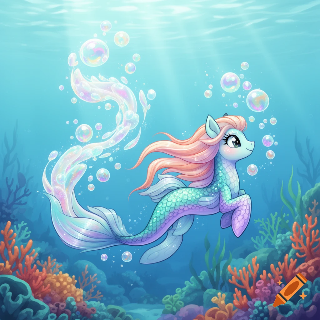 A cute cartoon seapony with a pink mane swims in a vibrant coral reef under dappled sunlight.