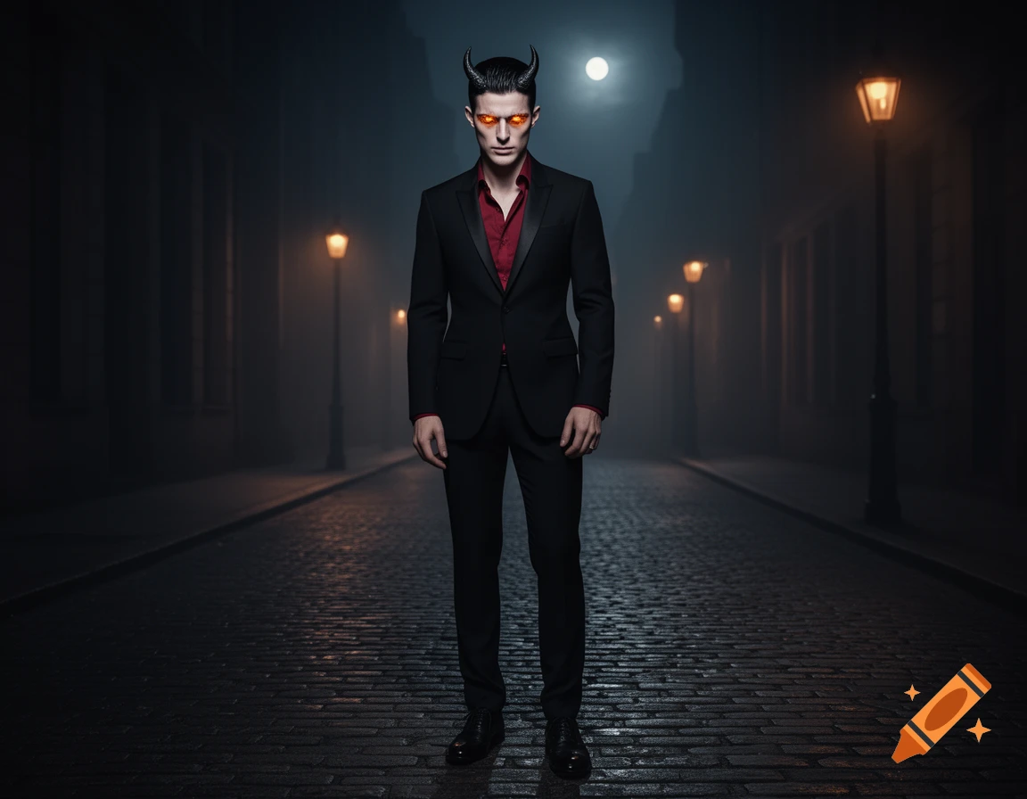 A man in a black suit with devil horns and glowing orange eyes stands on a dark, foggy cobblestone street at night.
