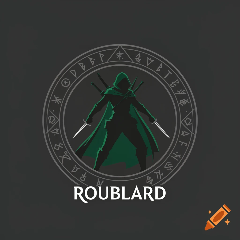 A green and black silhouette icon of a hooded rogue holding daggers, within a circular frame of runes, with 'ROUBLARD' text below.